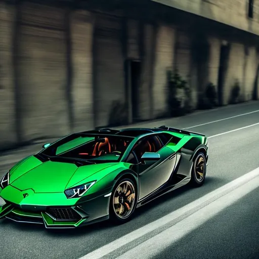 Prompt: a man driving a green Lamborghini
