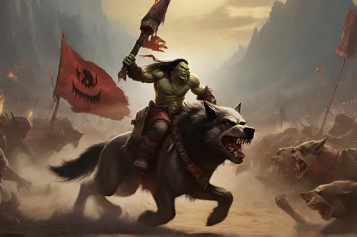 Prompt: a warcraft orc carrying a horde banner into battle, riding a wolf, charging across a dusty battlefield
