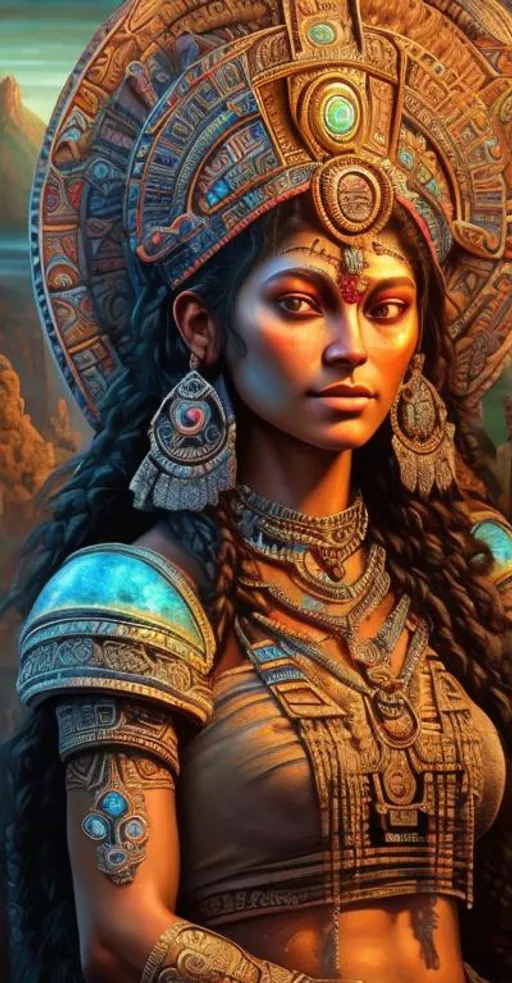 Prompt: Highly detailed painting of a beautiful Aztec goddess by Michaelangelo 

dreamy natural colors, intricate details + diffused light + fantasy painting + ultra realistic + unreal engine