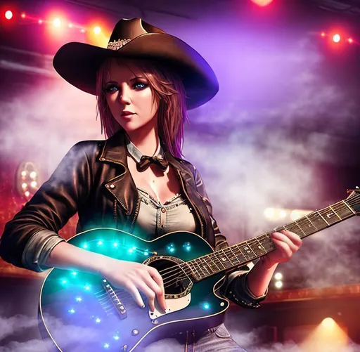 Prompt: 3D, HD, {female}Guitarist in {Country Western Bar}Stage, expansive festive background, fog, laser lights, hyper realistic, 8K --s98500