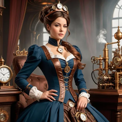 Prompt: image of a steampunk politician on stage, flags in background, incorporating classic elements of the genre, such as Victorian-influenced fashion, brass and copper gadgets, and clockwork accessories. The princess should exude elegance and intelligence, with subtle hints of her royal status, such as a cog-shaped tiara or a mechanized scepter. Her attire should blend traditional royal garments with industrial elements, set against a backdrop that features steam-powered technology and anachronistic inventions. Capture the essence of steampunk aesthetics while highlighting her regal demeanor.