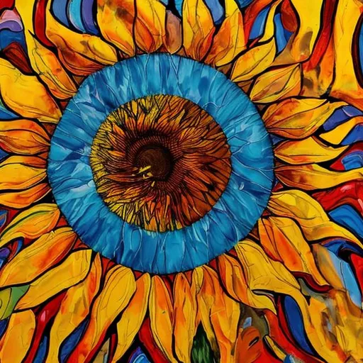 Prompt: 29. An abstract painting of a sunflower in the middle of a desert with bright colors and low resolution.
