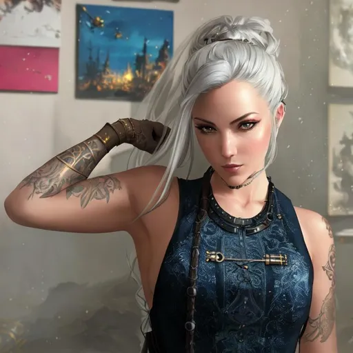 Prompt: Professional painting of a beautiful steampunk woman, long silver hair, steampunk outfit and weapon, hyperrealism, photorealistic, 8k, unreal engine --ar 9:16 --niji 5 --style expressive --s 400, by Jeremy Mann, Rutkowski, and other Artstation illustrators, intricate details, face, full body portrait, headshot, illustration, UHD, 4K