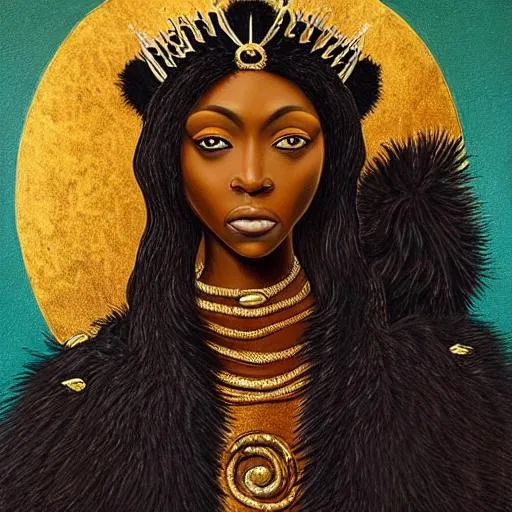 Prompt: Renaissance surrealist painting of an African Black Queen with green eyes and long hair, wears a black panther fur coat and golden crown and jewellery, natural lighting, Da Vinci style, intricate and detailed