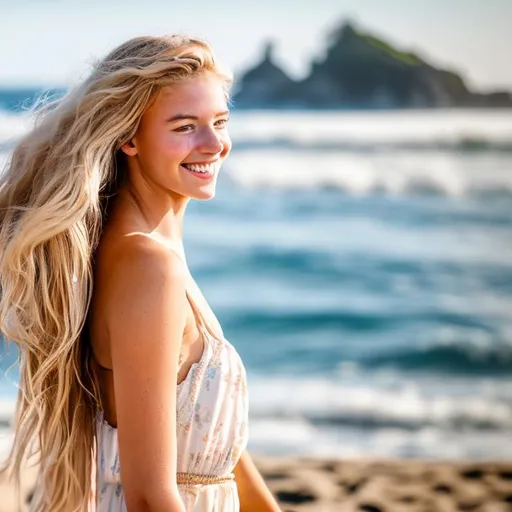 Prompt: Envision a beautiful young woman strolling along the shore, her flowing blond hair cascading in waves, adorned in a pristine sundress while feeling the sand beneath her bare feet. The radiant sunlight illuminates her captivating 8k resolution with blue eyes, and a wide grin adorns her face as she absorbs the breathtaking vista of the vast ocean.
