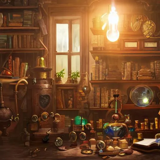 Prompt: a magical alchemists workshop full of strange equipment and books, highly detailed, diffused lighting, blender render, trending on artstation, 4 k, 8 k