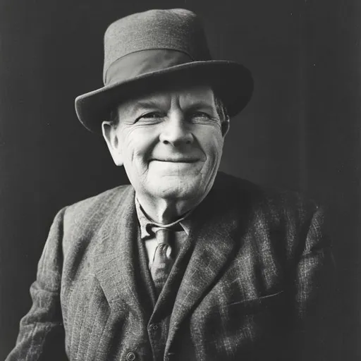 Prompt: Black and White historical, very grainy photograph portrait, of a slightly over-weight, kind faced, faintly smiling, fifty-eight year old man, wearing a dirty suit and bowler hat.