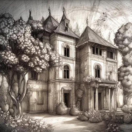 Prompt: da vinci sketch of a house with trees and flowers 