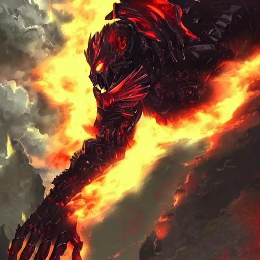 Prompt: (mega detailed) (4x+anime) Dark demon god standing, 10 feet tall, (red armor) (Black lightning blot imprint) black lightning skies. large sword in his hand, burning city behind