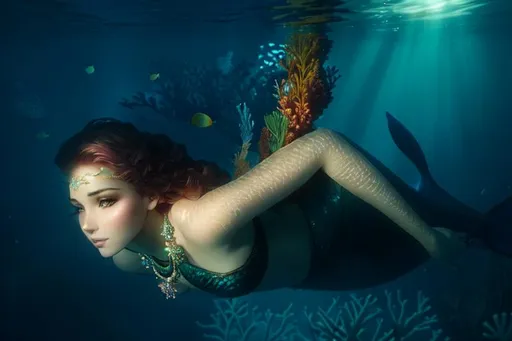 Prompt: A mermaid rests languidly on a coral reef, surrounded by schools of colorful fish and gently swaying seaweed, dreamy, luminous, otherworldly, bewitching, and lush, with realistic, intricate details, mystical, nightfall glow, sunlight dappling through the trees casting a magical glow, enchanted, ethereal, and whimsical, with realistic, intricate details,bionic eyes, detailed face, hyper detailed, steampunk, bionic, volumetric lighting, hard lighting, octane render, unreal engine, uhd