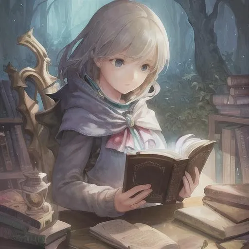 Prompt: a girl reading a magical book