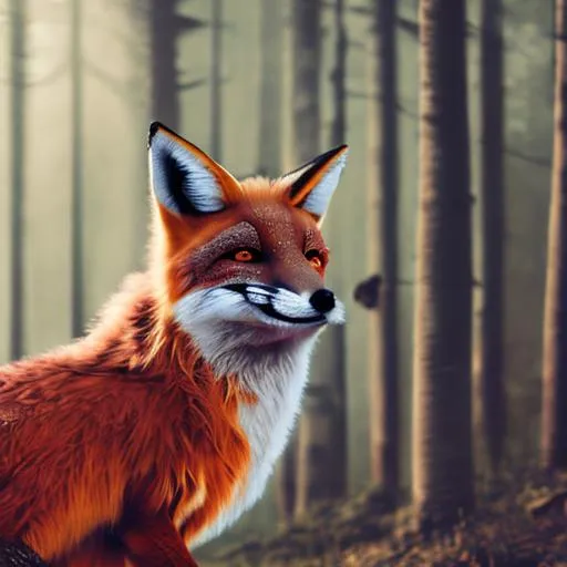 Prompt: close-up of an angry fox in a dim light + forest background, photorealistic + unreal engine + hyper realistic + octane render
