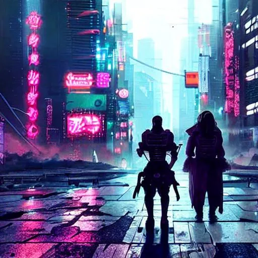 Prompt: Cyberpunk dystopia with samurai walking the streets 