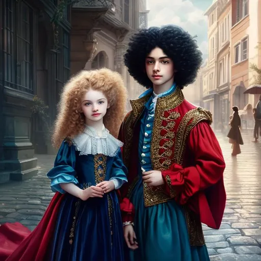 Prompt: Black hair  men with blue eyes, pale skin,holding a little girl, red curly hair,clothes from 18th century,analog filter, perfect composition, hyperrealistic, super detailed, 8k, high quality, trending art, trending on artstation, sharp focus, intricate details, highly detailed,18th century aesthetic