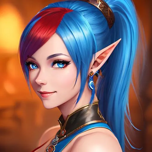 Prompt: oil painting, D&D fantasy, Blue-skinned-human girl, Blue-skinned-female, slender, elf ears, beautiful, short bright red hair, ponytail hair, smiling, pointed ears, looking at the viewer, Ranger wearing intricate adventurer outfit, #3238, UHD, hd , 8k eyes, detailed face, big anime dreamy eyes, 8k eyes, intricate details, insanely detailed, masterpiece, cinematic lighting, 8k, complementary colors, golden ratio, octane render, volumetric lighting, unreal 5, artwork, concept art, cover, top model, light on hair colorful glamourous hyperdetailed medieval city background, intricate hyperdetailed breathtaking colorful glamorous scenic view landscape, ultra-fine details, hyper-focused, deep colors, dramatic lighting, ambient lighting god rays, flowers, garden | by Langrisser, artgerm, wlop, pixiv, tumblr, instagram, deviantart