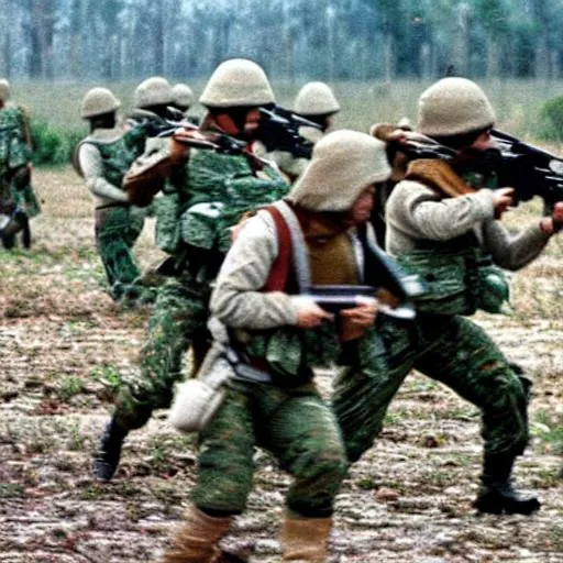 Prompt: A group Russian and Vietnamese Soldiers fighting against Western Europe Force in 1980s in the battlefield 