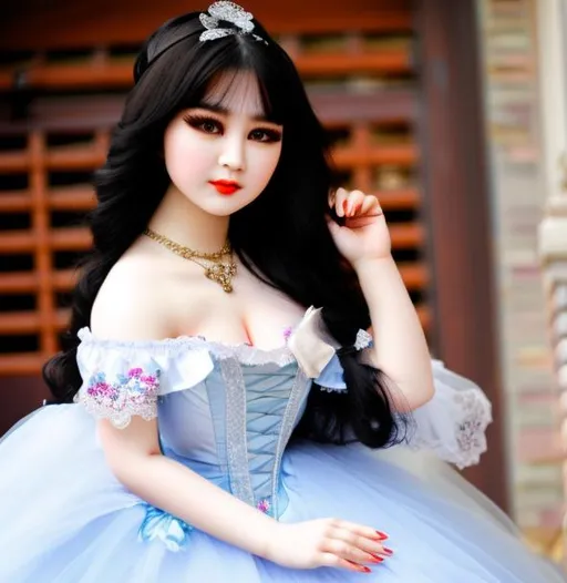 Prompt: A asian woman turned into a porcelain doll wearing a victorian dress.