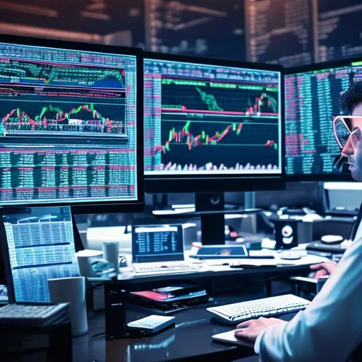 Prompt: 3D image of a financial trader in front of his PC