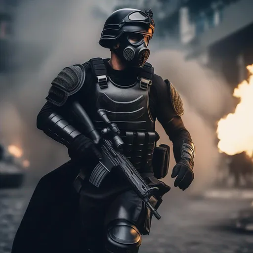 Prompt: a modern roman military male in black military roman armor, and gas mask, attacking Rio de Janeiro, Brazil, sharp focus, Professional, UHD, HDR, 8K, Render, electronic, dramatic, vivid, pressure, stress, traumatic, dark.