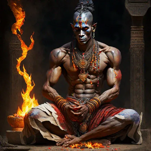 Prompt: Overalll Styling:
Hyper realistic, epic ancient nusantara kingdom warlock, malnutrition skinny body type, spelling mantra cross legged sitting bursting flames of incantation risen up from where he sits action pose, shirtless, wear giants bead necklace and long ku ripped trousers, DnD reference style
Composition:
centered, approach to perfection, cell shading, 4k , cinematic dramatic atmosphere, watercolor painting, global illumination,  artstation, concept art, fluid and sharp focus, volumetric lighting, cinematic lighting, masterpiece, best quality, ultra-detailed, illustration, colorful, depth of field


