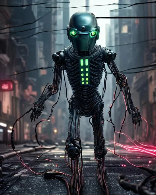 Prompt: A sinister android with glowing eyes and exposed wires stalks down a debris-strewn street. It's metal joints whir and clank with each step. ultra detailed, highly detailed scenario, photorealistic, intricate, masterpiece, UHD, HDR, symmetric, coherent, epic detail, stunning, beautiful, ,lumen render ,lumen path tracing ,path tracing light ,path tracing shadow ,path tracing special fx, 