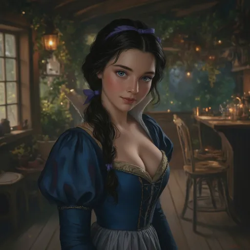 Prompt: A full-length portrait of Snow White standing inside the kitchen of the Dwarves' forest cottage, styled with the delicate, hyper-realistic painterly look of a Renaissance-inspired fairytale painting. She has striking, wide cerulean blue eyes, a porcelain complexion that practically glows, highlighting her rosy cheeks, and dark hair tied back with soft purple ribbons. Her expression is a shy smiling with a touch of seductive innocence. Her dress highlights her cleavage and is a modern fairytale reinterpretation: flowing, rustic yet elegant, in deep indigo and muted gold tones with subtle embroidery. The scene is set at twilight in a lush, enchanted forest cottage, with the warm glow of lantern light filling the cozy wooden cottage.  Style is hyper-detailed, cinematic, with soft lighting and magical realism. --v 5 --style painterly --lighting soft twilight --mood enchanted --focus full-body --environment forest cottage --texture realistic fabric and hair