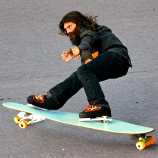 Prompt: Jesus Christ skating on a  skateboard