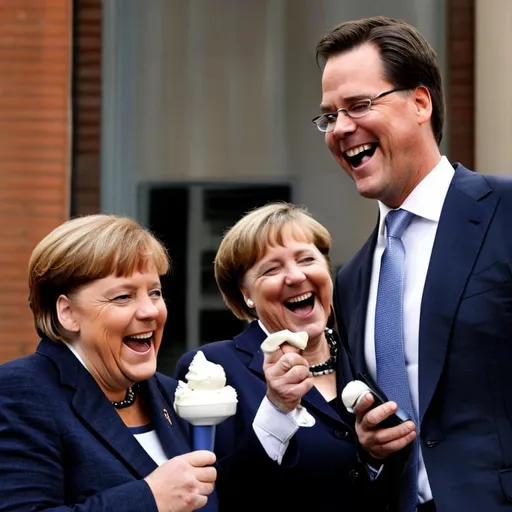 Prompt: Laughing Mark Rutte and Angela Merkel eat icecream