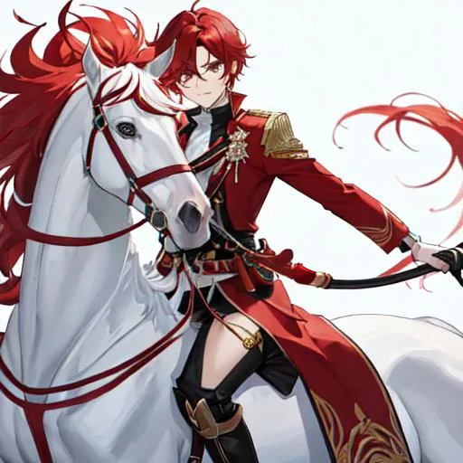 Prompt: Zerif 1male (Red side-swept hair covering his right eye) riding a white horse