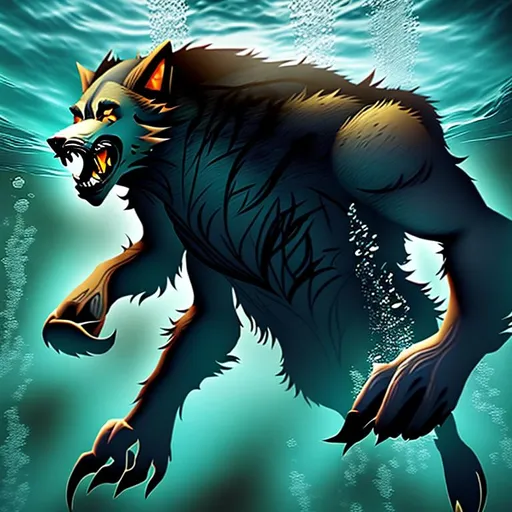 Prompt: Werewolf swimming underwater