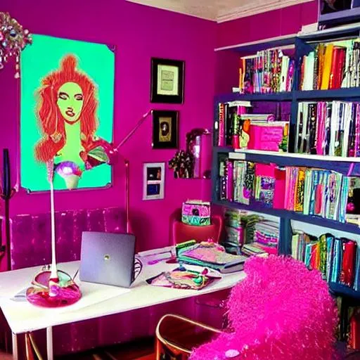 Prompt: a 70s aesthetic pink office of a fashionable witch with crystals, books, disco balls and glitter for a pop mystic named Ayla 