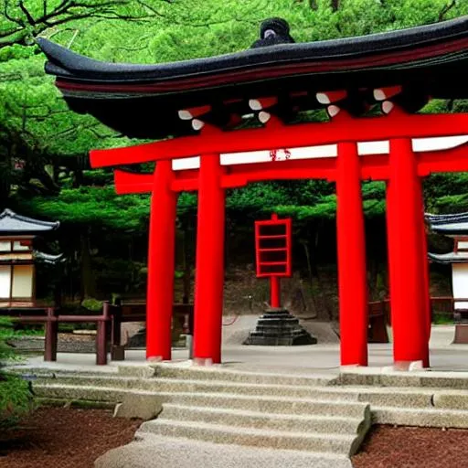 Prompt: logo, draw a Japanese shrine (torii), using only the colors red and black, black background and red front, simple