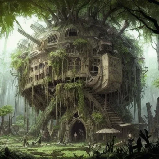 Prompt: post apocalyptic medival fantasy city in a huge forest jungle, 