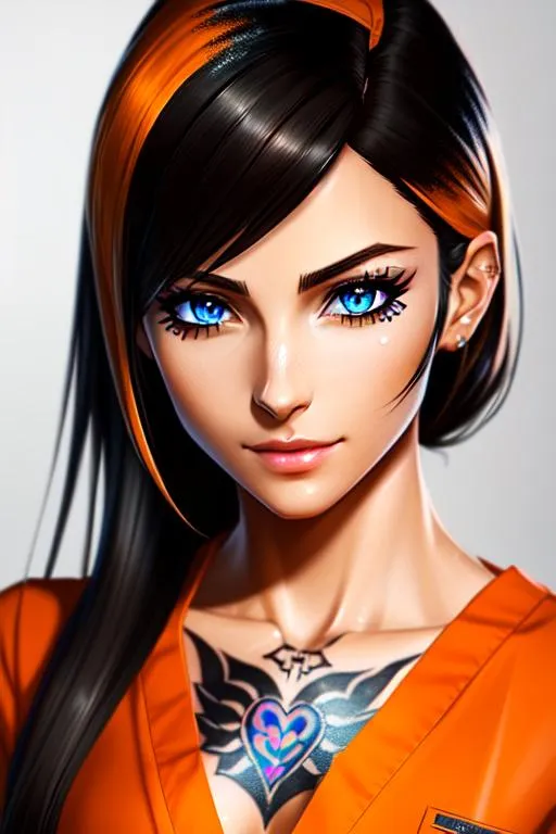 Prompt: semi-realistic anime girl, skin highlights, black hair highlights, tattoos on face,
blushing, movie scene, adult researcher, glamour, looking at viewer, wearing orange scrubs prison uniform
wonderful face, very detailed face, extremely detailed face, highly detailed face, soft smile, happy,
perfect face, perfect eyes, perfect teeth, perfect body, perfect anatomy, beautiful body, trending on instagram, trending on tiktok, trending on artstation, trending on cgsociety, white sclera,
photorealistic, masterpiece, cinematic, 16k artistic photography, epic, drama, 
romance, glamour, beauty, 
cinematic lighting, dramatic lighting, insanely detailed, soft natural volumetric cinematic lighting, award-winning photography, rendering, hd, high definition, 
highly detailed