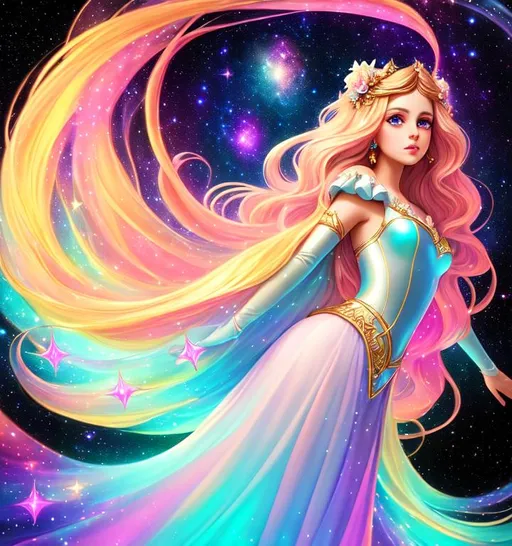 Prompt: highest quality portrait full body of galactic princess, digital painting, style of Fragonard, highly-detailed symmetric face, cinematic,  ultra pastel color palette, shadows, contrast, blacklight, pearlescent, sparkling, stars, galaxy, white, big eyes, iridescent, big lips, long hair,, legs visible, vines, arms visible, perfect composition, hyperrealistic, super detailed, 8k, high quality, sharp focus,intricate details, highly detailed, dynamic lighting, detailed and intricate environment