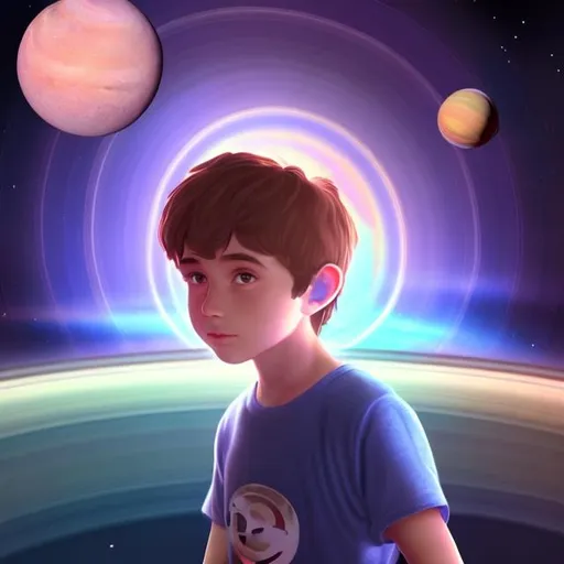 Prompt: A boy whose in univers and he is in the Saturn 