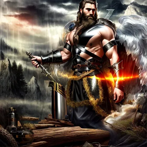 Prompt: Dark, Heroic, Epic, Stunning, Vivid, 3D HD dramatic cinematic [({one}{(Rugged bearded benevolent {god}male liquid silk, Beautiful big reflective eyes, long flowing hair}, expansive magical forest background, hyper realistic, 8K --s98500
