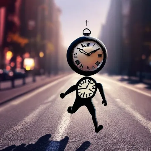 Prompt: a clock with a face and legs running on the road
