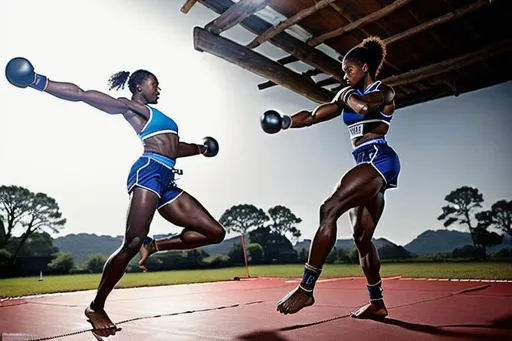 Prompt: (Hyperrealistic highly detailed sharp wide shot full body photography of ebonian martial artist woman kicking a training dummy) strong-willed, deeply focused, skilled, athletic, strong, agile, fast. Sweat. Jump. Kick. Old, tribal training ground. Broken wooden training dummies. Dark night. Dim torch light. 