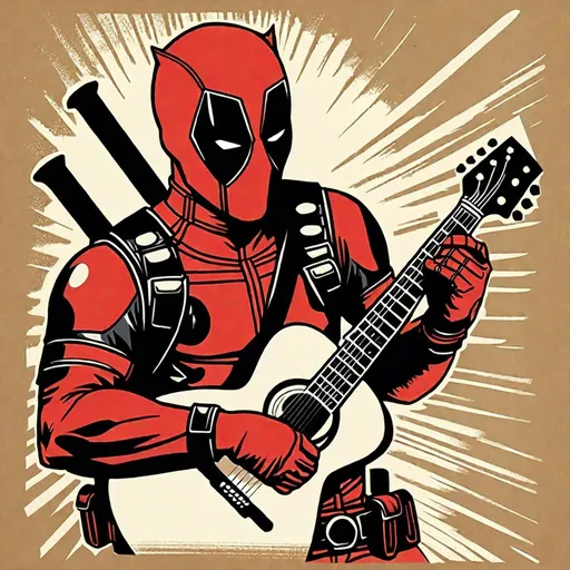 Prompt: Modern sharp Screenprint of Deadpool anti-hero, strums a guitar, t-shirt print