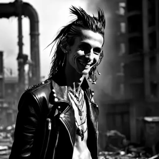 Prompt: drawing, very skinny, happy, black and white gutter punk, greasy mullet, spiked leather outfit, scarred, piercings, destroyed buildings, zoomed in