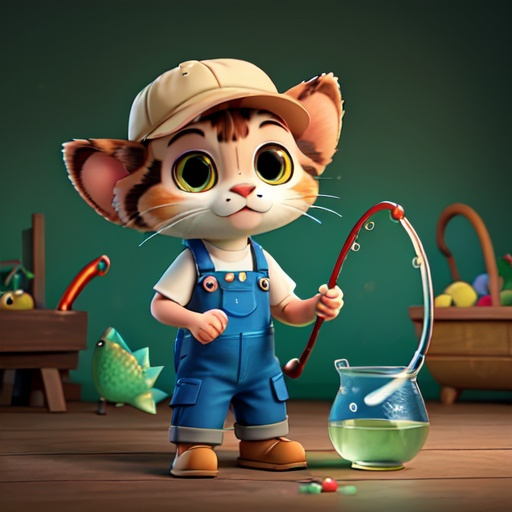 A calico cat with a fishing hat fishing to get a fis