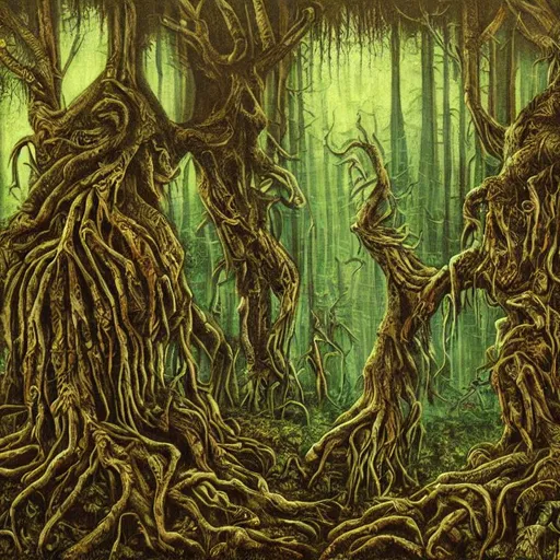 Prompt: Something hiding in the Forest horror painting high detailed
