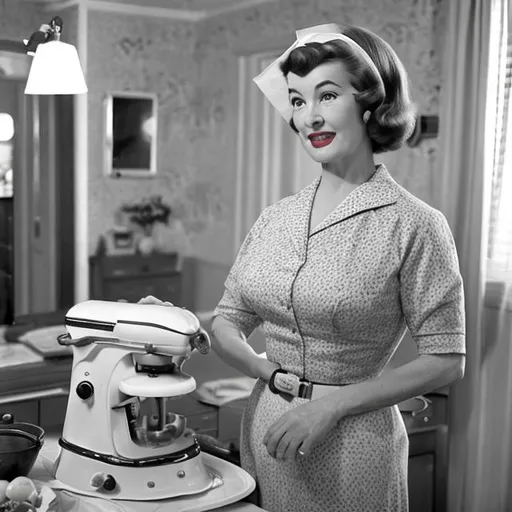 Prompt: 1950s middle-aged housewife. She is the wife of a mayor and is upper class. She lives in the southern United States and is an aging beauty. 