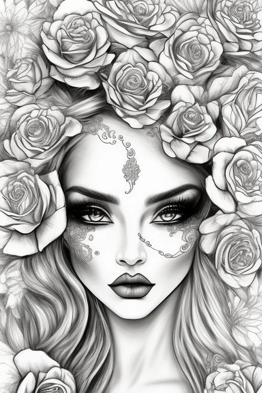 Prompt: coloring page , black and white of detailed beautiftul fantasy girl, with roses,  clear facial features, symmetrical   smooth lines, beautfiful , dreamy, details, black and white, simple