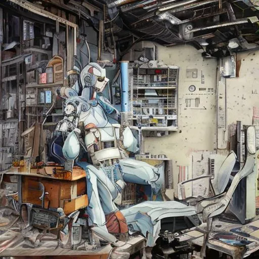 Prompt: A futuristic anime image that takes place during an apocalypse of a old rusted robot that is dead siting on a chair with it’s head tilted down. The robot is siting on a old wooden chair in an old abandoned house. The paint his peeling from the walls and there is a table with a old doll house on top of it.