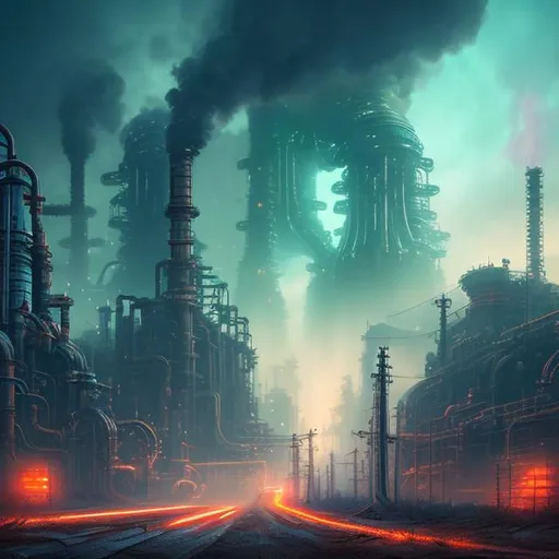 Prompt: Fantasy art style, painting, metal, chrome, Evil, green neon lights, power plant, nuclear power, biological mechanical, dystopian, war machine, pipes, cityscape, brutalist, fog, smog