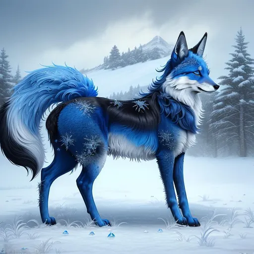 Prompt: (masterpiece, professional oil painting, epic digital art, best quality, highly detailed:1.5), extremely beautiful blue vixen ((fox)), (canine quadruped), female, adolescent, ice elemental, deep royal blue fur covered in frost, (bashful hypnotic sapphire blue eyes), 8k eyes, sprawled on frosted field, insanely beautiful, gorgeous billowing silver mane covered in frost, (plump:2), brightly glistening fur, thick silky glistening mane, by Anne Stokes, by Yuino Chiri, mid close up, detailed smiling face, finely detailed fur, hyper detailed fur, (soft silky insanely detailed fur), moonlight beaming through clouds, grassy field covered in frost, fluffy fox ears, highly detailed mouth, cool colors, beaming sun, professional, symmetric, golden ratio, unreal engine, depth, volumetric lighting, rich oil medium, (brilliant auroras), (ice storm), full body focus, beautifully detailed background, highly detailed defined furry legs, cinematic, 64K, UHD, intricate detail, high quality, high detail, masterpiece, intricate facial detail, high quality, detailed face, intricate quality, intricate eye detail, highly detailed, high resolution scan, intricate detailed, highly detailed face, very detailed, high resolution