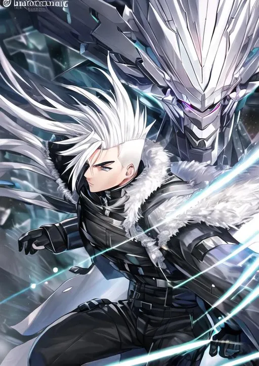 Prompt: JAXER KAZE : Hyper Detailed,  ultra realistic, white hair mohawk male in black tactical tech uniform poncho coat,  IN UNDERGROUND DAZZLING CRYSTAL CITY , 