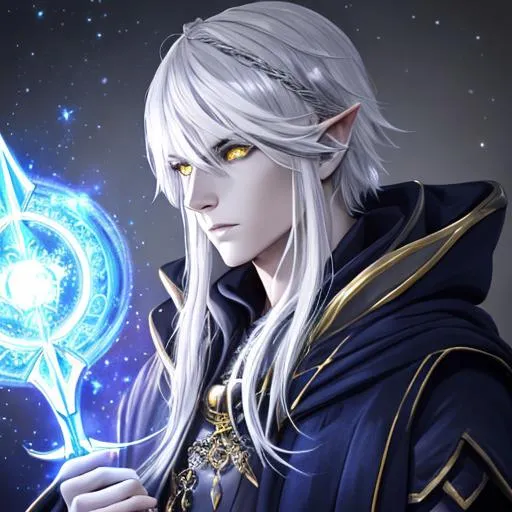 Prompt: A beautiful mage from the D&D,  casting and arcane spell with a magical wand. perfect yellow eyes, silver hair, full body character portrait, dark fantasy, detailed realistic face, digital portrait, fiverr dnd character, beautiful male Drow, gray skin, wearing realist blue robes with silver details, {background underdark}.